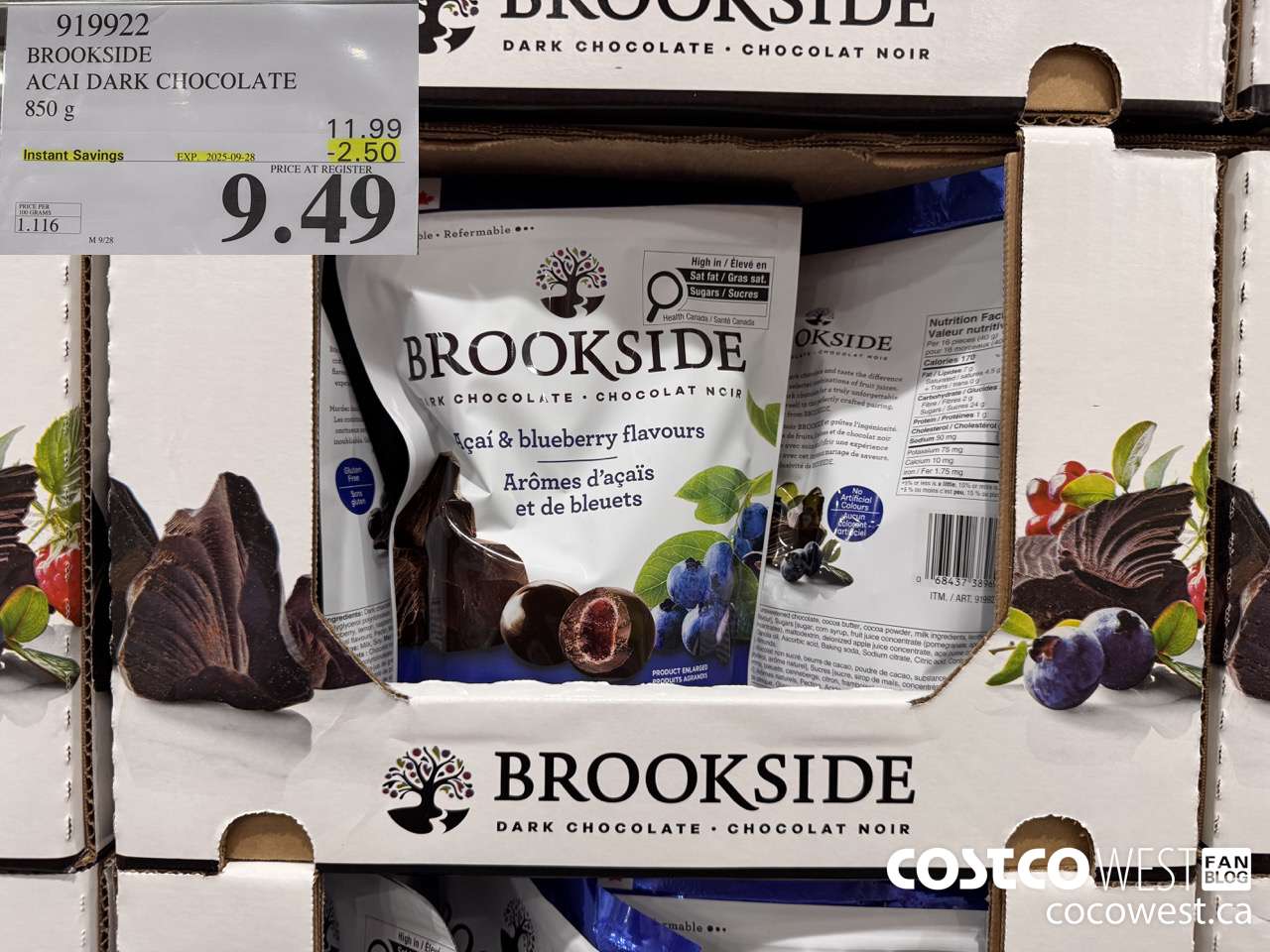 919922 BROOKSIDE ACAI DARK CHOCOLATE 850 g ($2.50 INSTANT SAVINGS EXPIRES ON 2025-09-28) $9.49