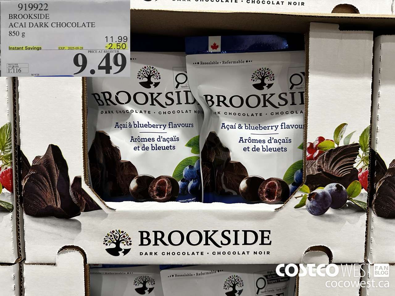 919922 BROOKSIDE ACAI DARK CHOCOLATE 850 g ($2.50 INSTANT SAVINGS EXPIRES ON 2025-09-28) $9.49
