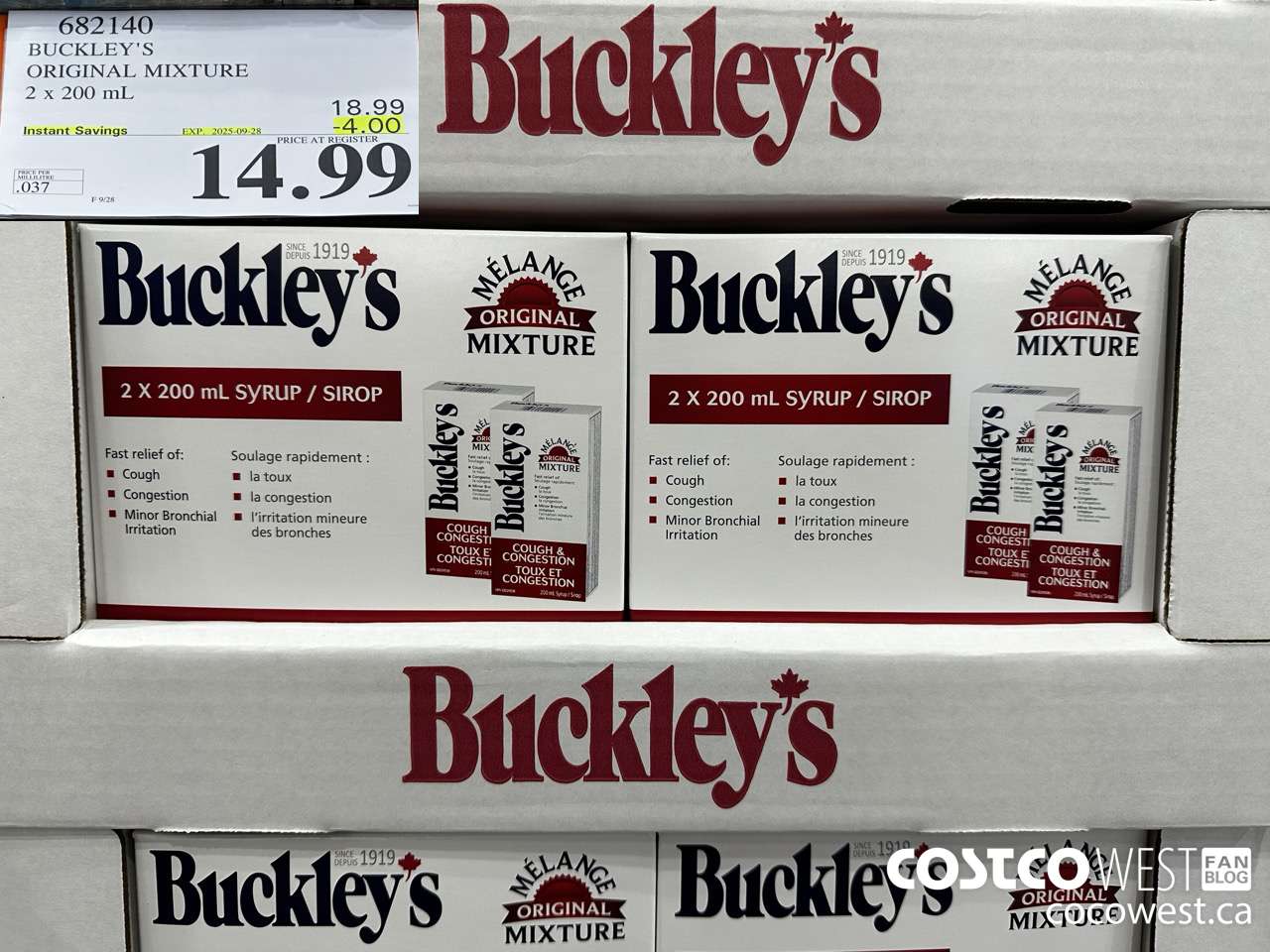 682140 BUCKLEY'S ORIGINAL MIXTURE 2 X 200ML ($4.00 INSTANT SAVINGS EXPIRES ON 2025-09-28) $14.99