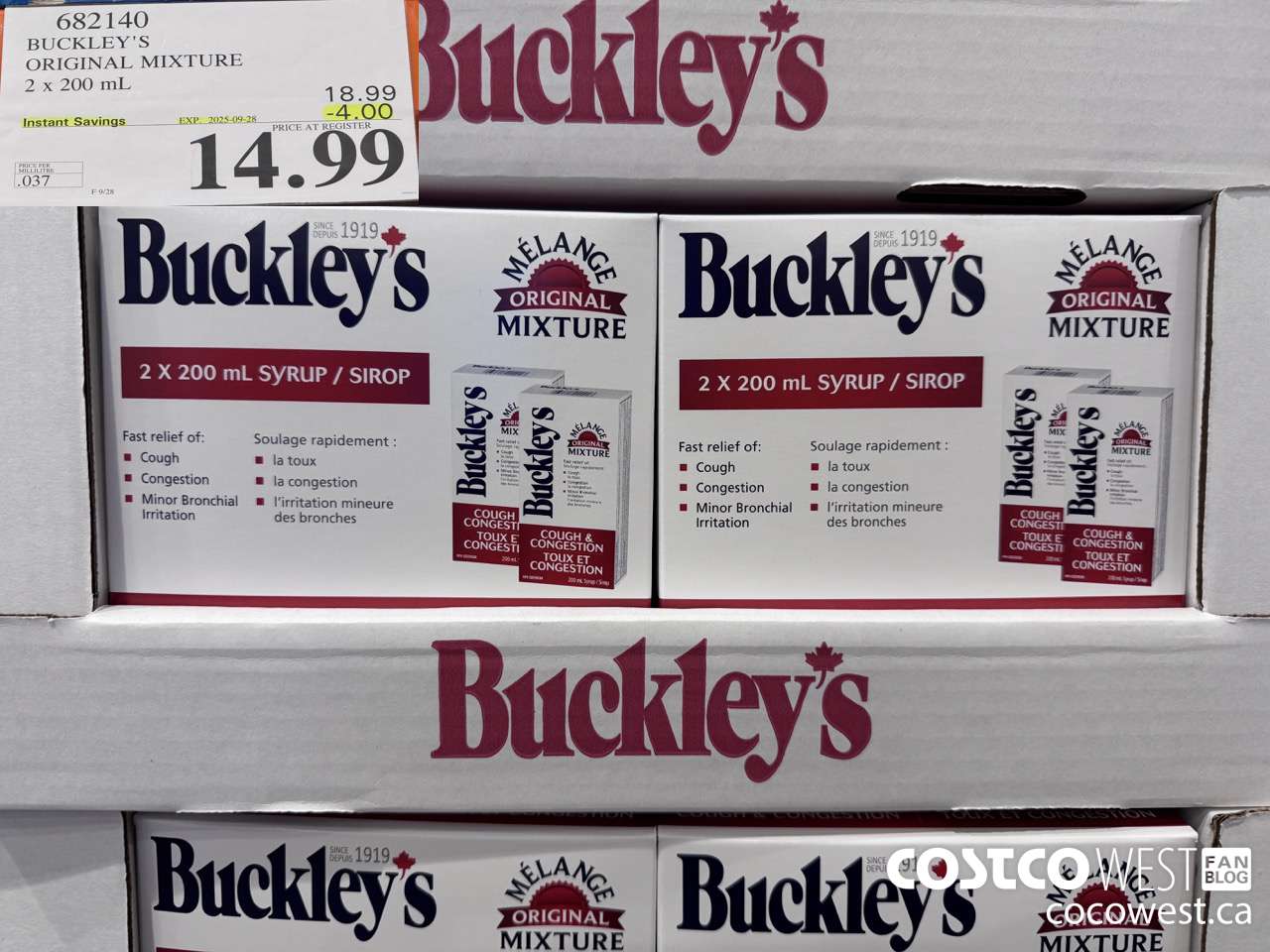 682140 BUCKLEY'S ORIGINAL MIXTURE 2 X 200ML ($4.00 INSTANT SAVINGS EXPIRES ON 2025-09-28) $14.99