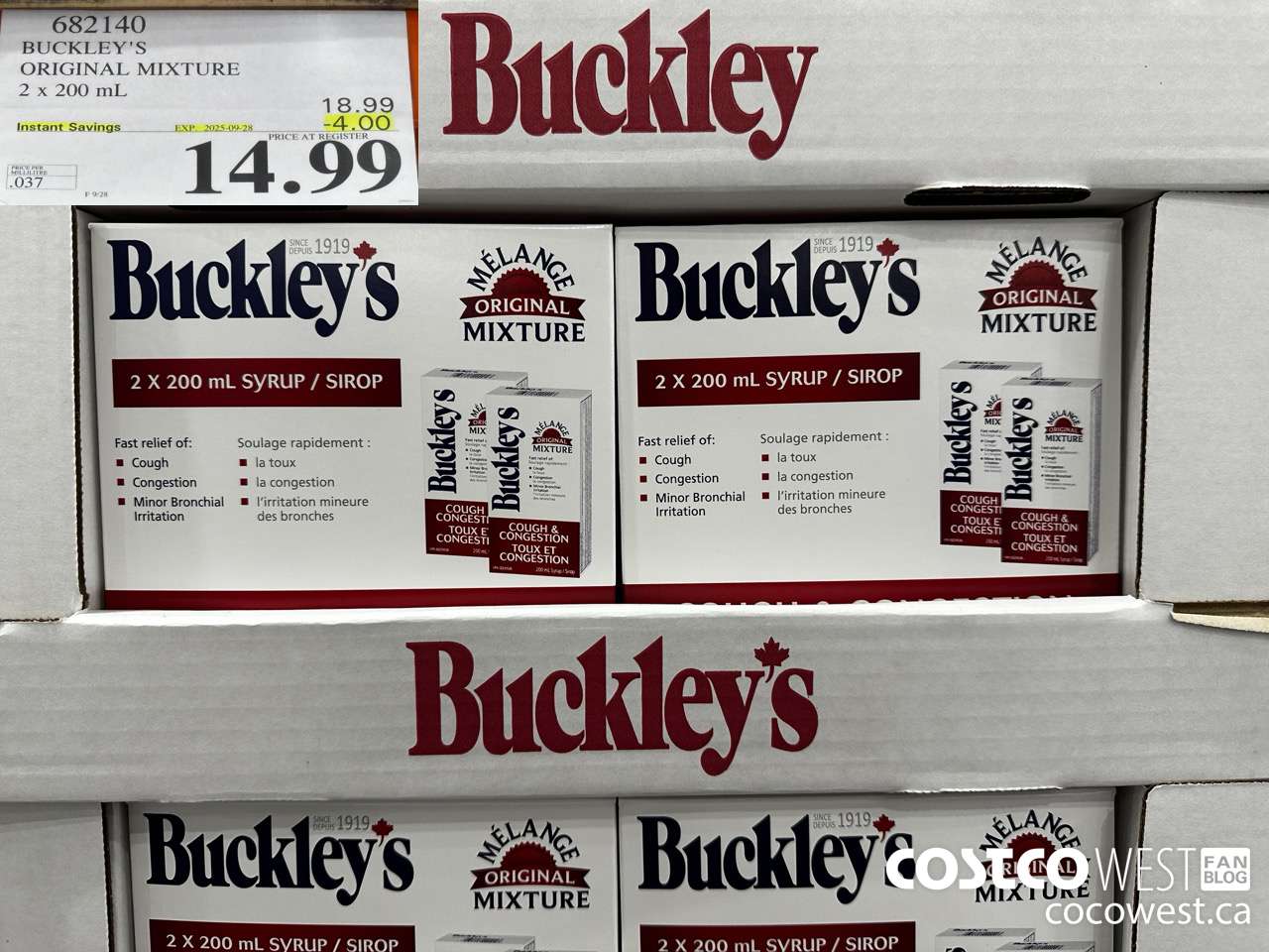 682140 BUCKLEY'S ORIGINAL MIXTURE 2 X 200ML ($4.00 INSTANT SAVINGS EXPIRES ON 2025-09-28) $14.99
