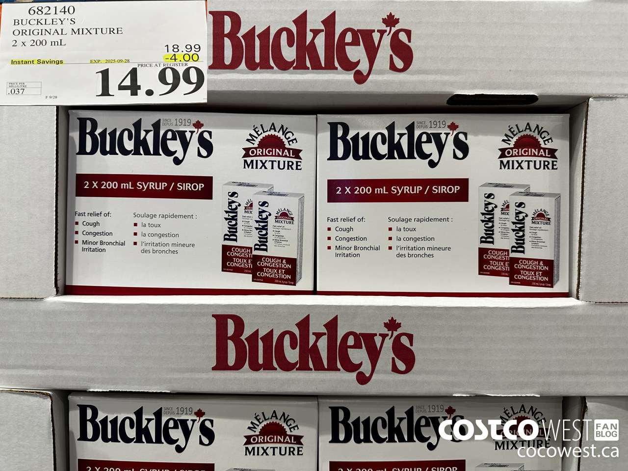 682140 BUCKLEY'S ORIGINAL MIXTURE 2 X 200ML ($4.00 INSTANT SAVINGS EXPIRES ON 2025-09-28) $14.99