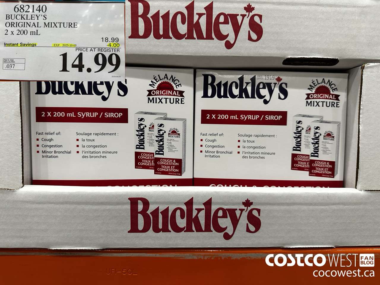 682140 BUCKLEY'S ORIGINAL MIXTURE 2 X 200ML ($4.00 INSTANT SAVINGS EXPIRES ON 2025-10-05) $14.99