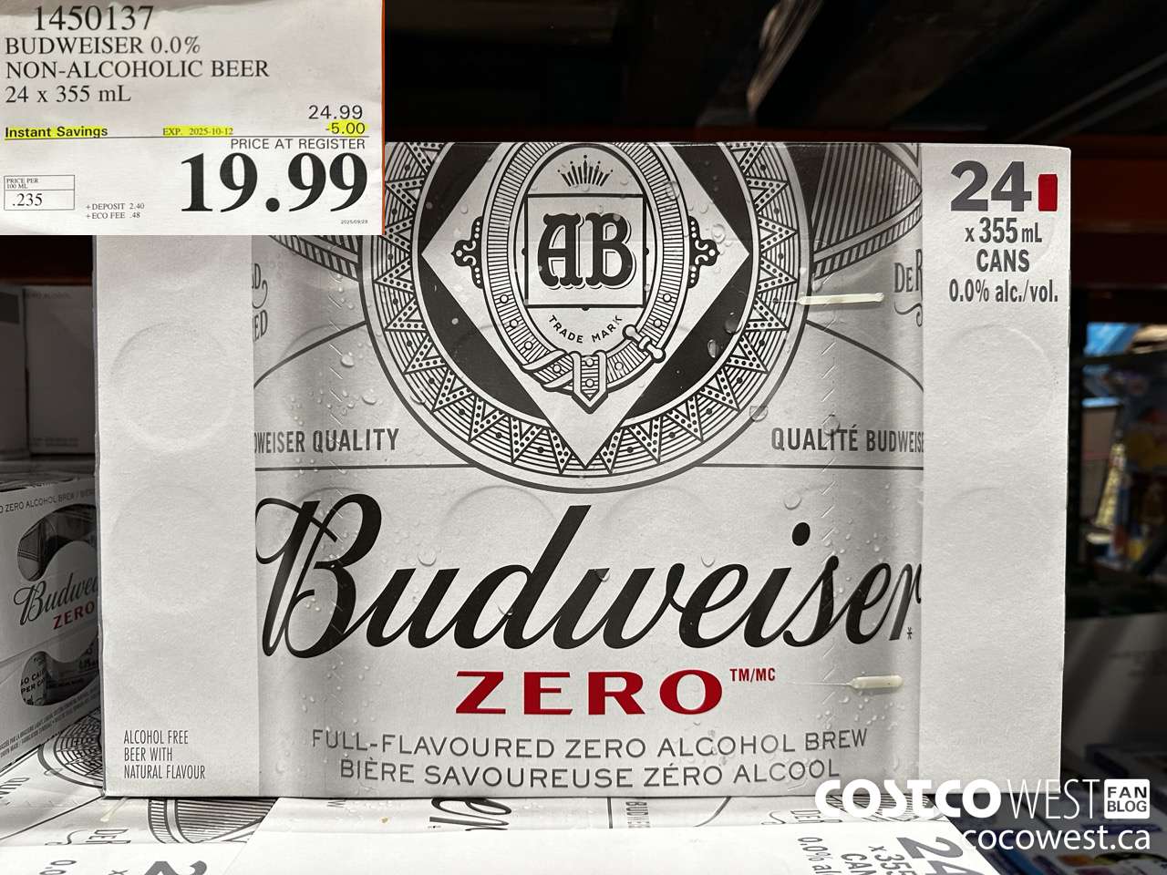 1450137 BUDWEISER 0.0% 24 x 355 mL ($5.00 INSTANT SAVINGS EXPIRES ON 2025-10-12) $19.99