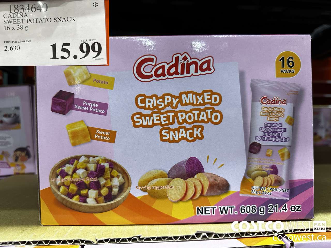 1834640 CADINA SWEET POTATO SNACK 16 X 38G $15.99