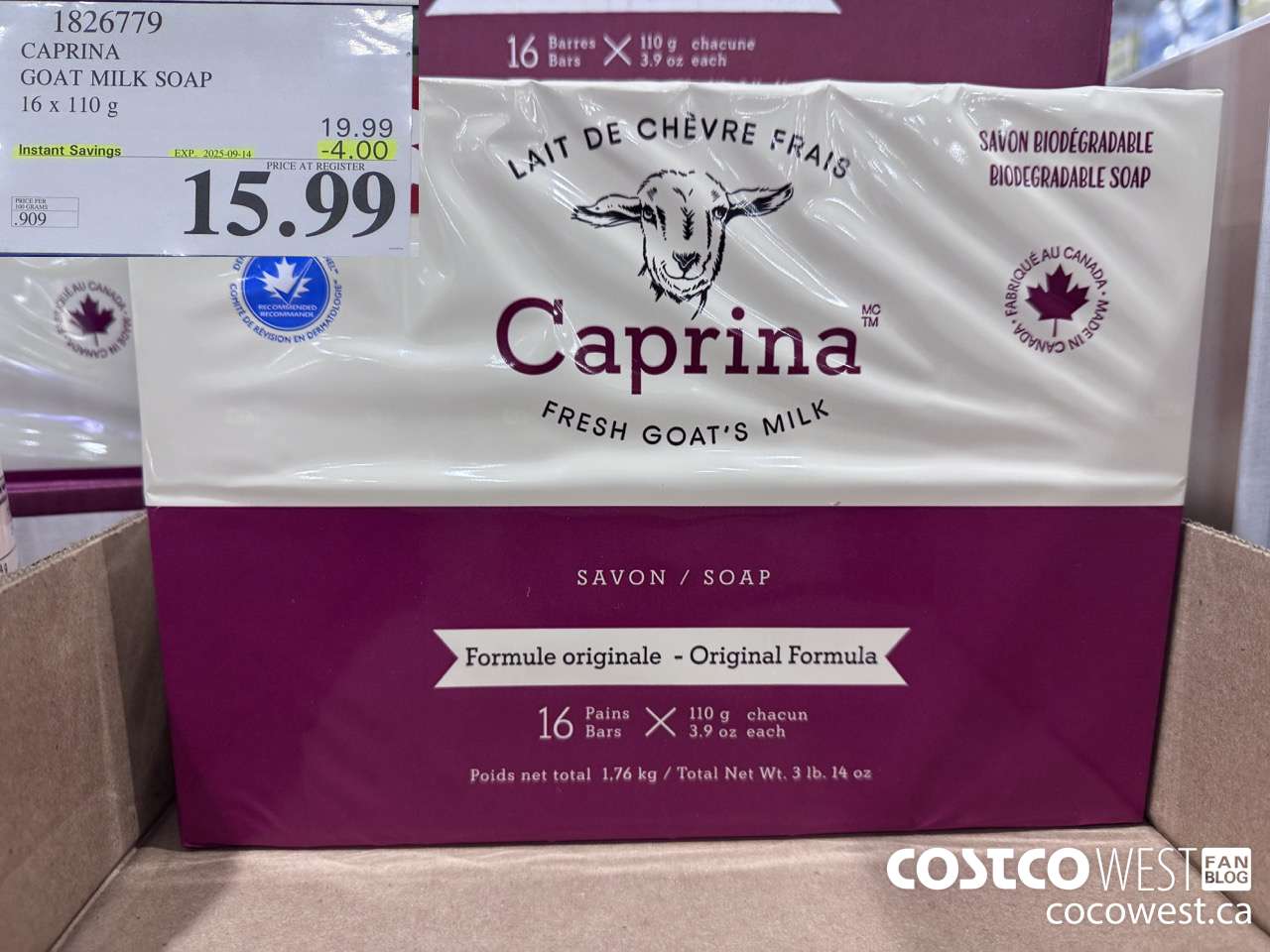 1826779 CAPRINA GOAT MILK SOAP 16 X 110G ($4.00 INSTANT SAVINGS EXPIRES ON 2025-09-14) $15.99