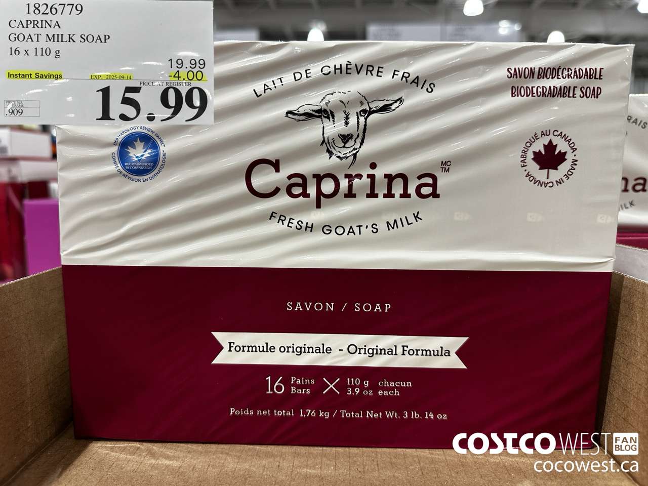 1826779 CAPRINA GOAT MILK SOAP 16 X 110G ($4.00 INSTANT SAVINGS EXPIRES ON 2025-09-14) $15.99