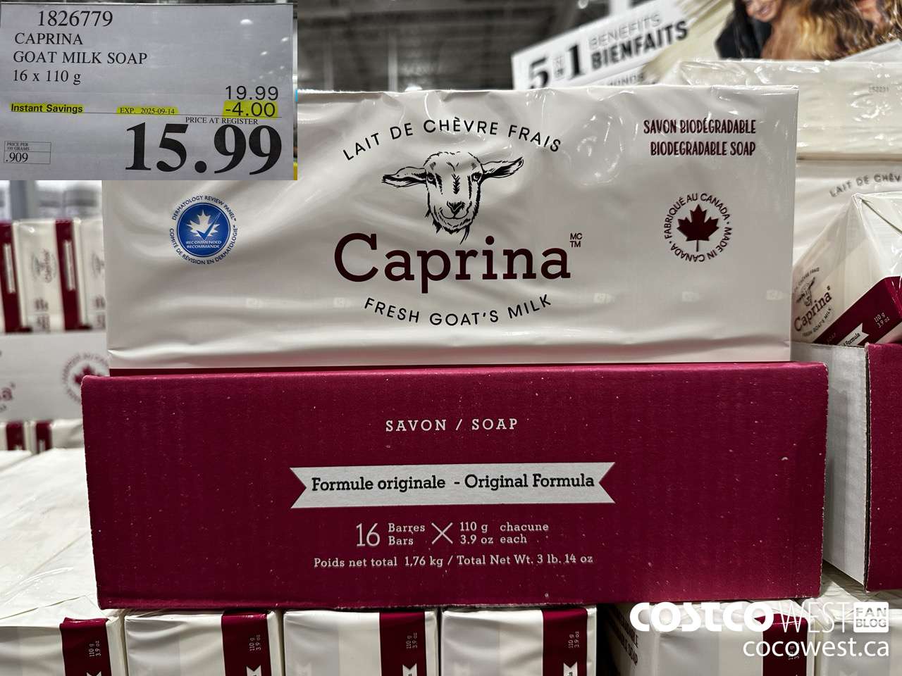 1826779 CAPRINA GOAT MILK SOAP 16 X 110G ($4.00 INSTANT SAVINGS EXPIRES ON 2025-09-14) $15.99
