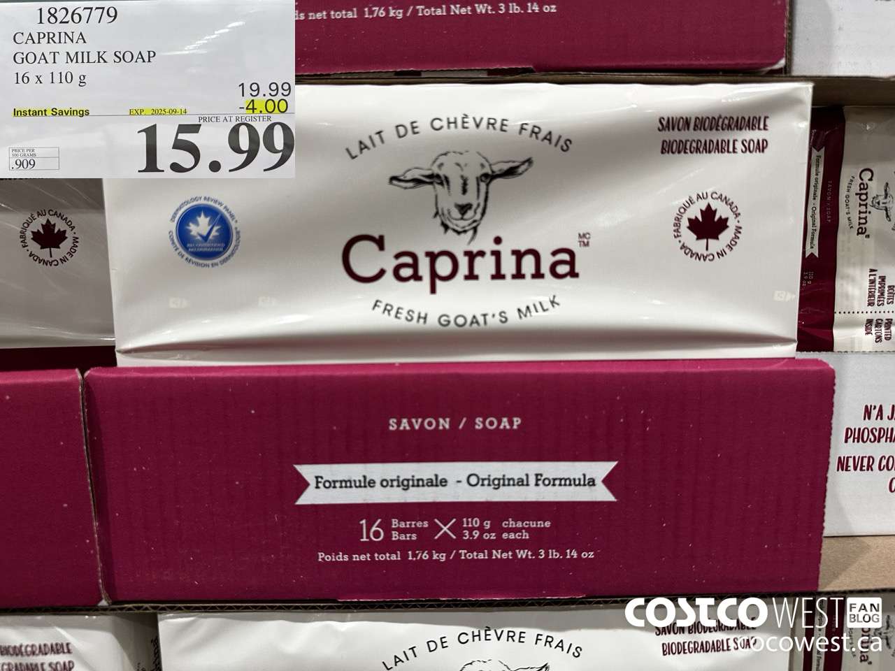 1826779 CAPRINA GOAT MILK SOAP 16 X 110G ($4.00 INSTANT SAVINGS EXPIRES ON 2025-09-14) $15.99
