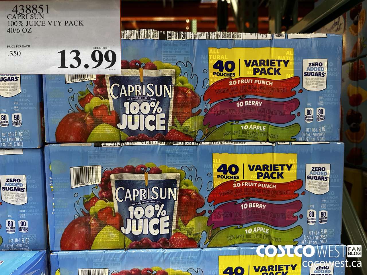 438851 CAPRI SUN 100% JUICE VTY PACK 40/6 OZ $13.99
