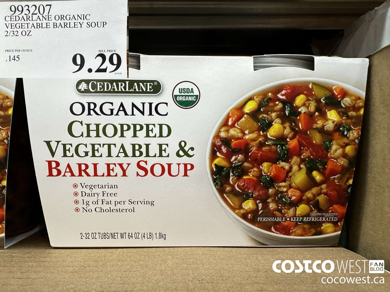 993207 CEDARLANE ORGANIC VEGETABLE BARLEY SOUP 2/32 OZ $9.29