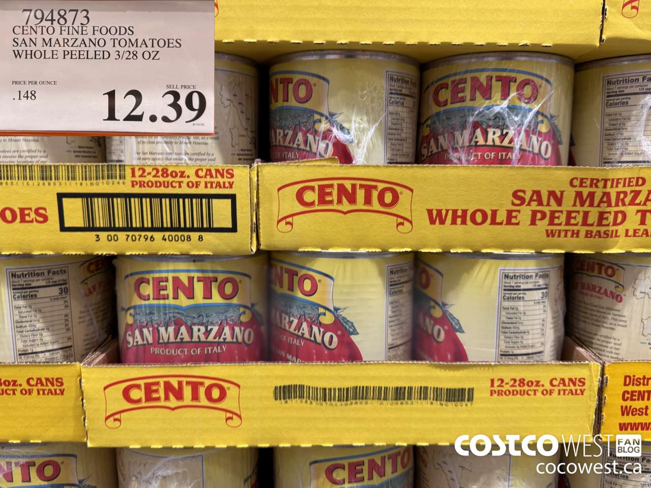 794873 CENTO FINE FOODS SAN MARZANO TOMATOES WHOLE PEELED 3/28 OZ $12.39
