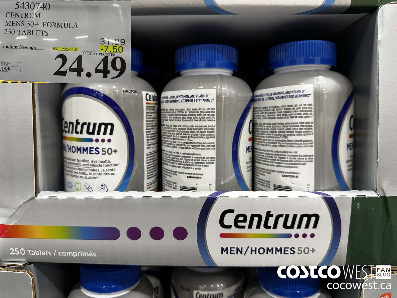 5430740 CENTRUM MENS 50+ 250 TABLETS ($7.50 INSTANT SAVINGS EXPIRES ON 2025-09-28) $24.49
