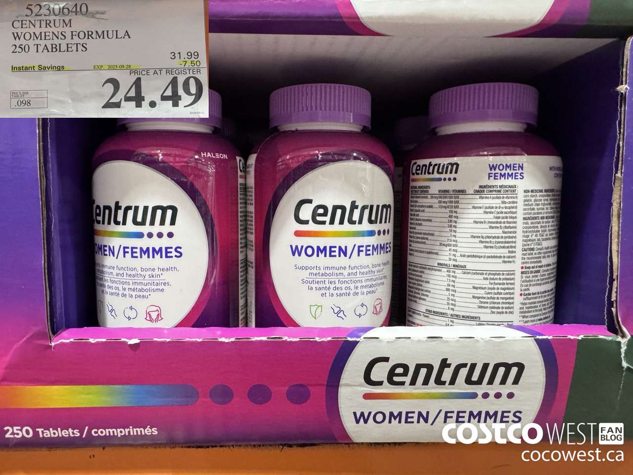 5230640 CENTRUM WOMEN 250 TABLETS ($7.50 INSTANT SAVINGS EXPIRES ON 2025-09-28) $24.49