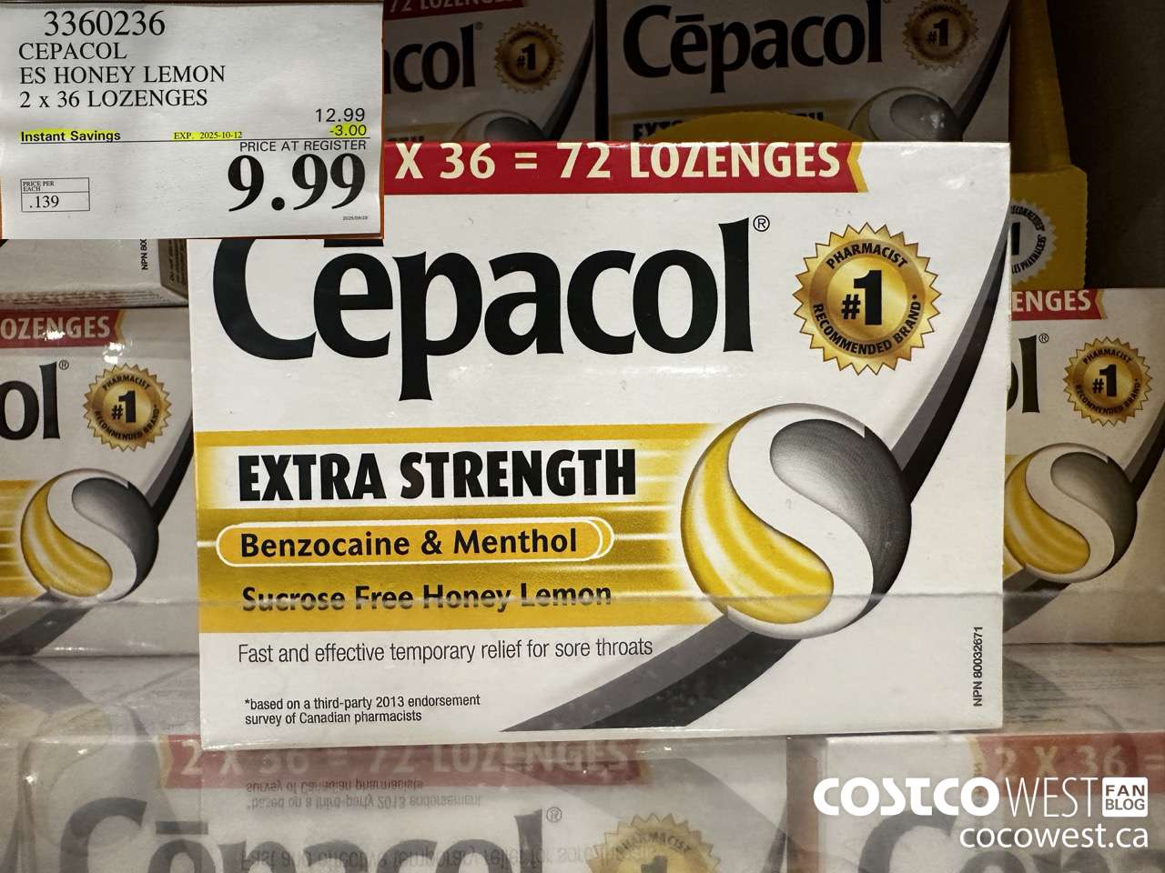 3360236 CEPACOL ES HONEY LEMON 2 X 36 LOZANGES ($3.00 INSTANT SAVINGS EXPIRES ON 2025-10-12) $9.99