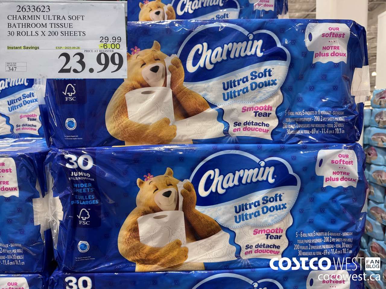 2633623 CHARMIN ULTRA SOFT BATHROOM TISSUE 30 ROLLS X 200 SHEETS ($6.00 INSTANT SAVINGS EXPIRES ON 2025-09-28) $23.99