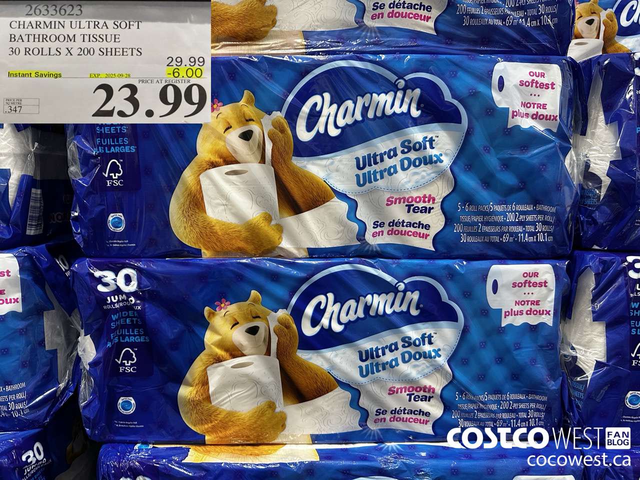 2633623 CHARMIN ULTRA SOFT BATHROOM TISSUE 30 ROLLS X 200 SHEETS ($6.00 INSTANT SAVINGS EXPIRES ON 2025-09-28) $23.99