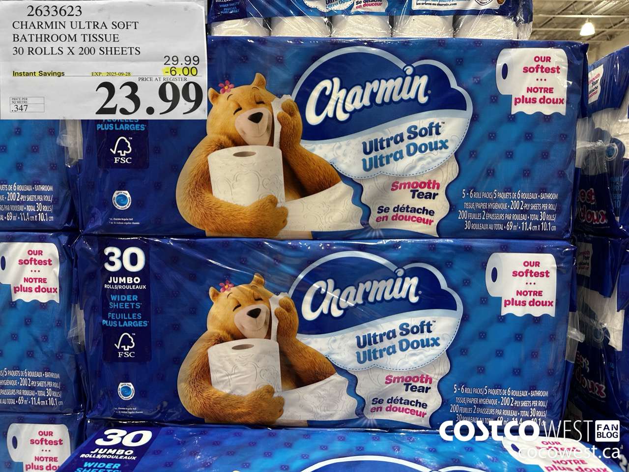 2633623 CHARMIN ULTRA SOFT BATHROOM TISSUE 30 ROLLS X 200 SHEETS ($6.00 INSTANT SAVINGS EXPIRES ON 2025-09-28) $23.99