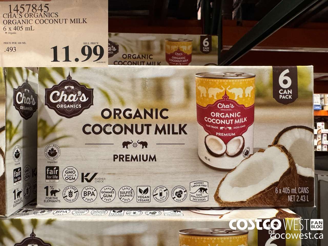 1457845 CHA'S ORGANICS ORGANIC COCONUT MILK 6 x 405ML $11.99