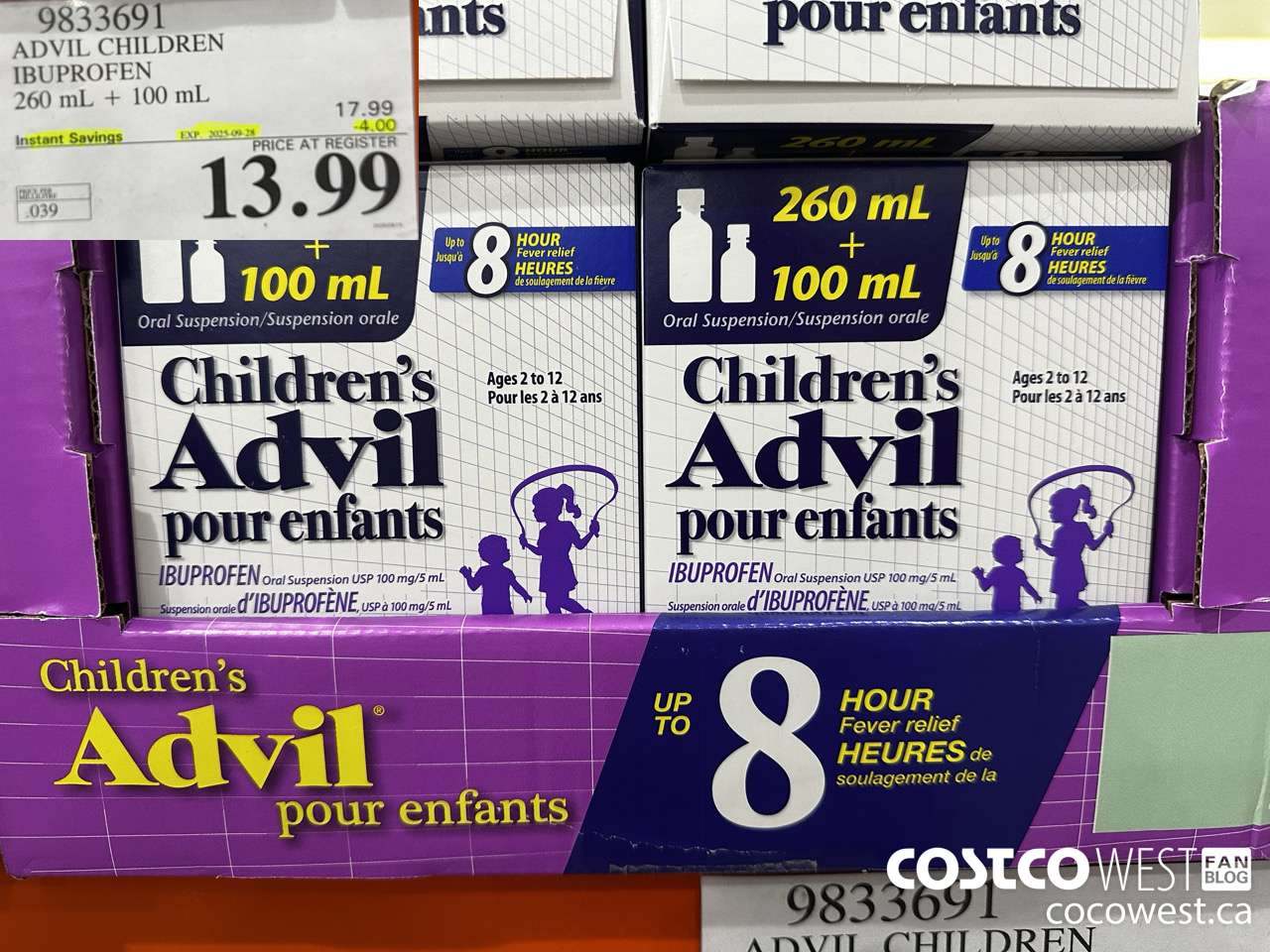 9833691 CHILDREN'S ADVIL ORAL SUSPENSION IBUPROFEN 260+100ML ($4.00 INSTANT SAVINGS EXPIRES ON 2025-09-28) $13.99