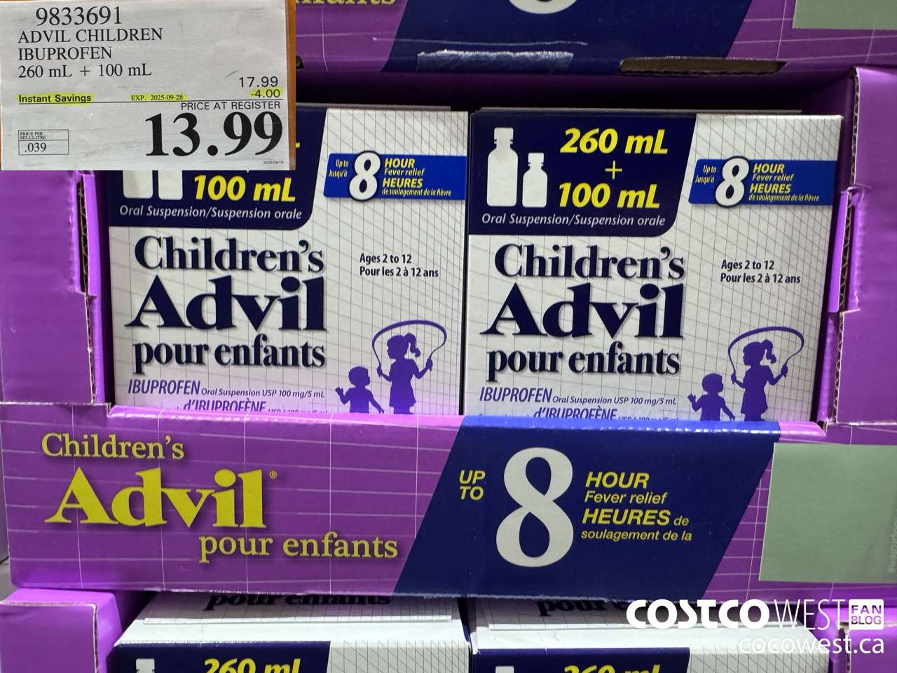 9833691 CHILDREN'S ADVIL ORAL SUSPENSION IBUPROFEN 260+100ML ($4.00 INSTANT SAVINGS EXPIRES ON 2025-09-28) $13.99