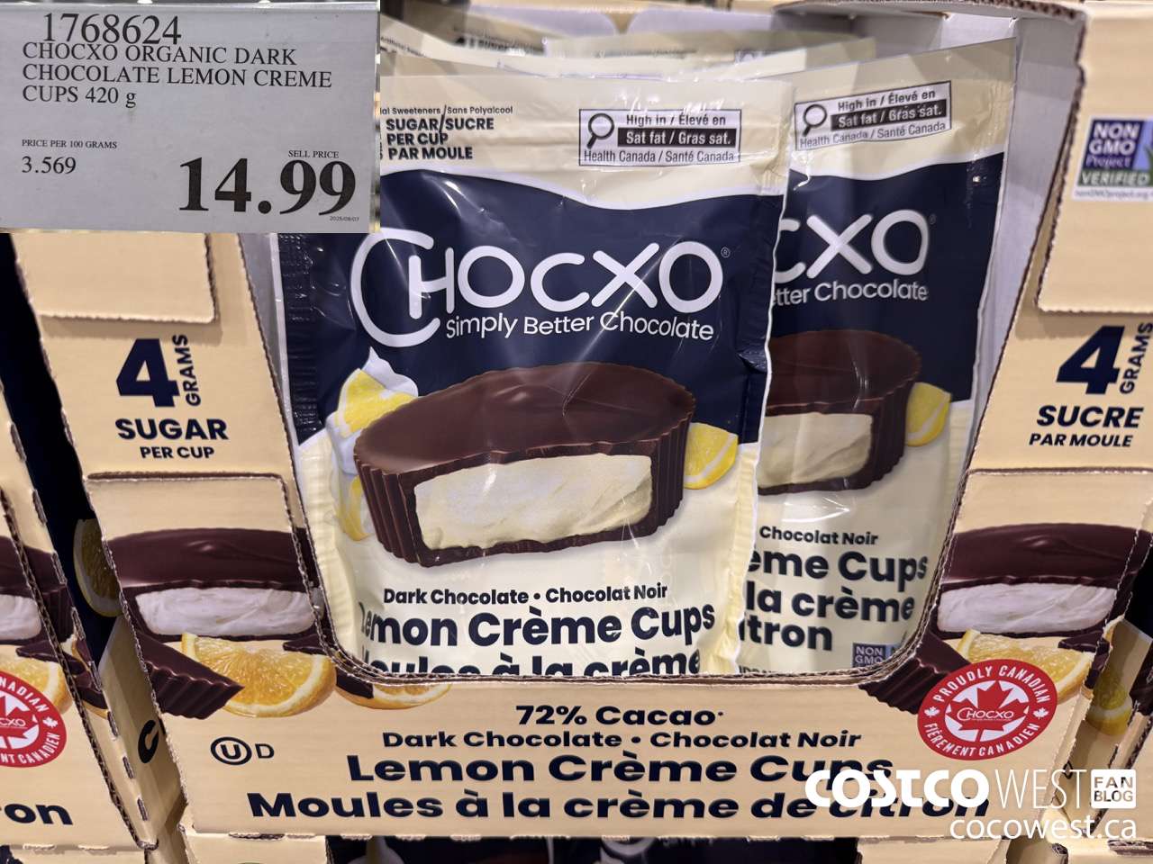 1768624 CHOCXO ORGANIC DARK CHOCOLATE LEMON CREME CUPS 420G $14.99