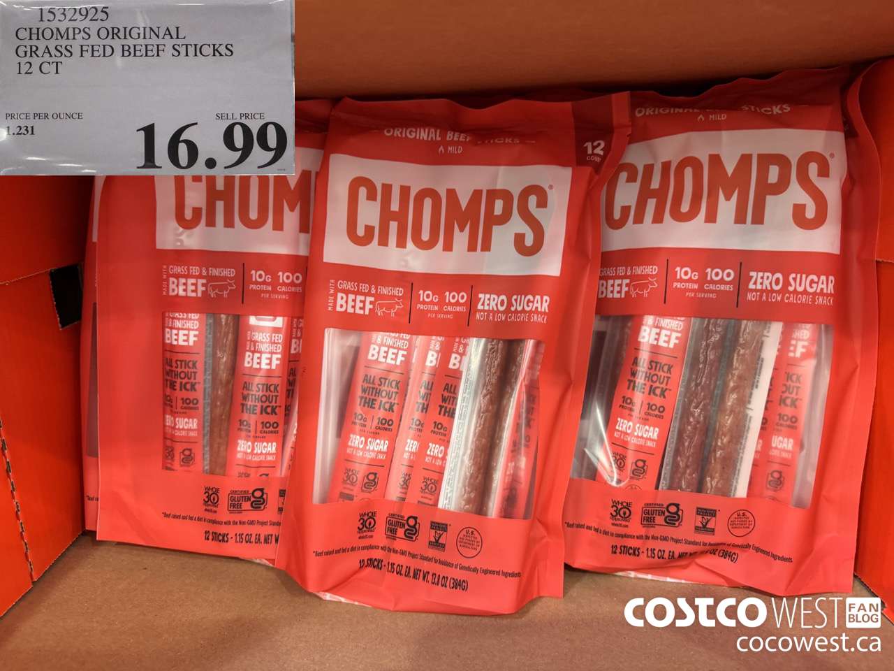 1532925 CHOMPS ORIGINAL GRASS FED BEEF STICKS 12 CT $16.99