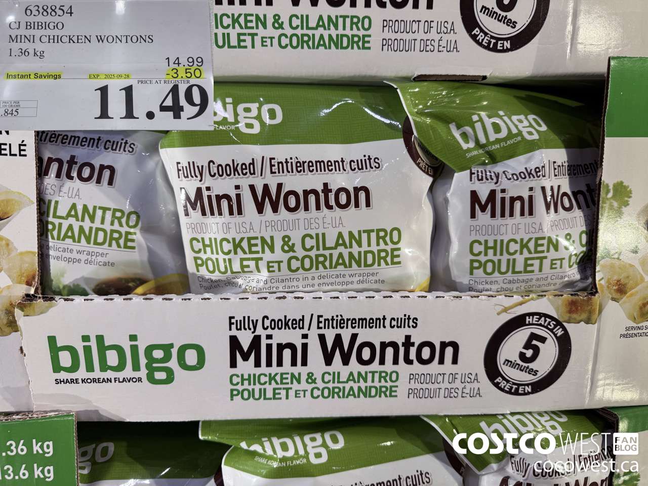 638854 CJ BIBIGO MINI CHICKEN WONTONS 1.36 KG ($3.50 INSTANT SAVINGS EXPIRES ON 2025-09-28) $11.49