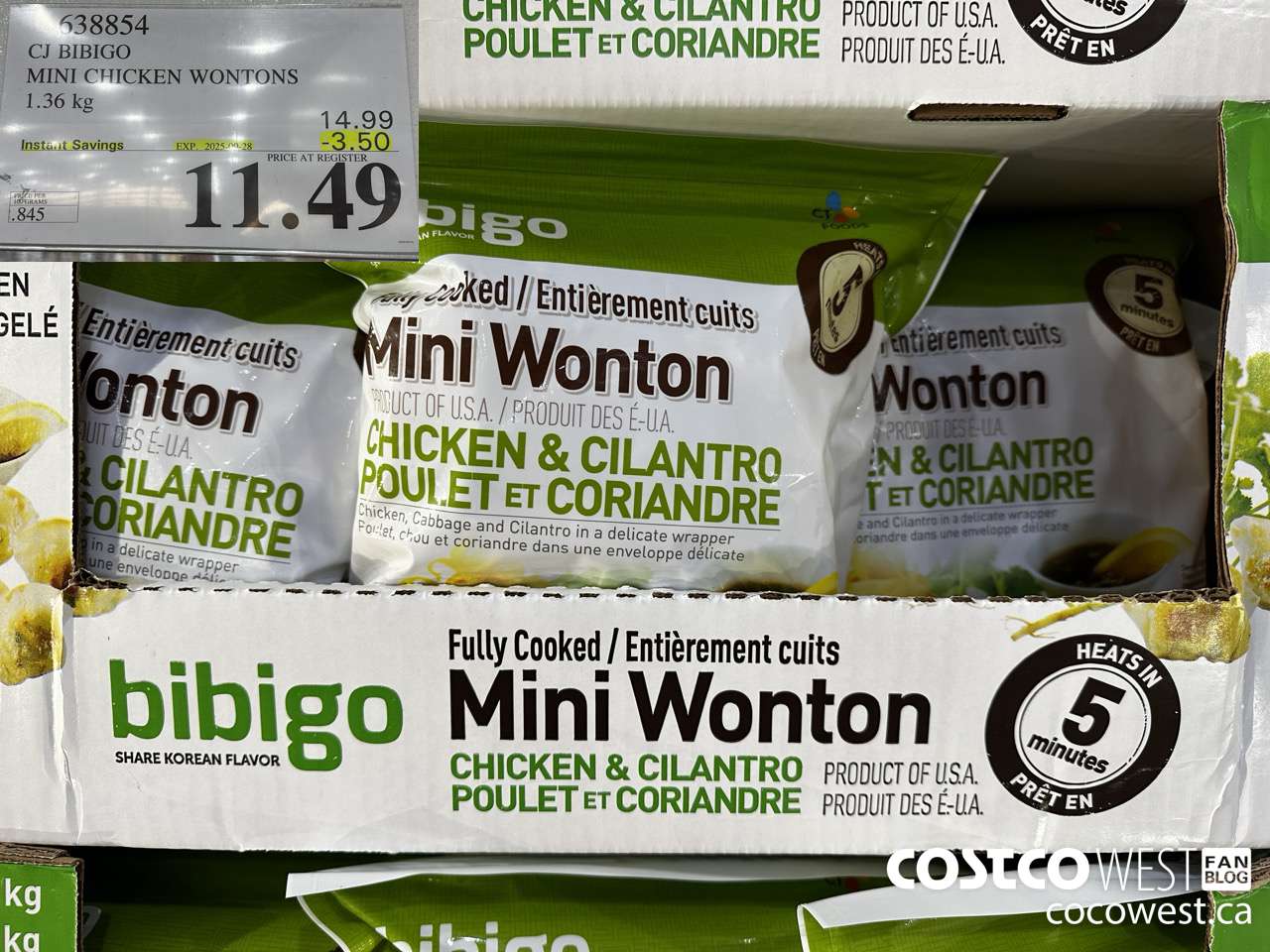 638854 CJ BIBIGO MINI CHICKEN WONTONS 1.36 KG ($3.50 INSTANT SAVINGS EXPIRES ON 2025-09-28) $11.49