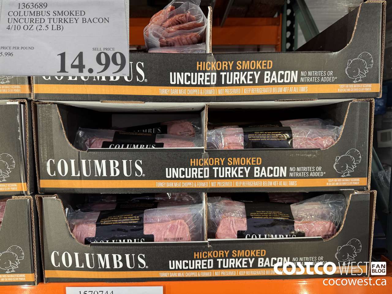 1363689 COLUMBUS SMOKED UNCURED TURKEY BACON 4/10 OZ (2.5 LB) $14.99