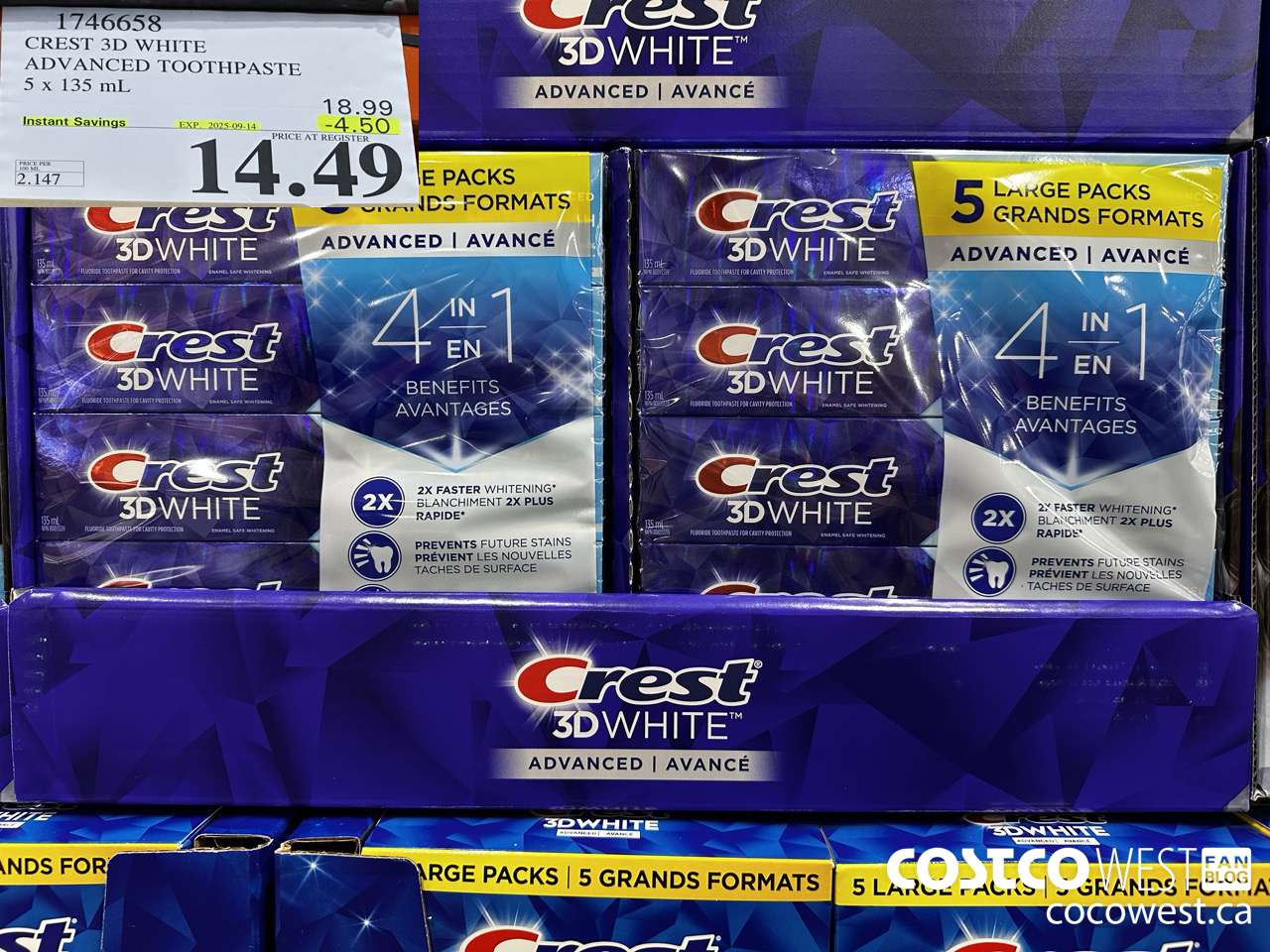 1746658 CREST 3D WHITE ADVANCED TOOTHPASTE 5 X 135ML ($4.50 INSTANT SAVINGS EXPIRES ON 2025-09-14) $14.49