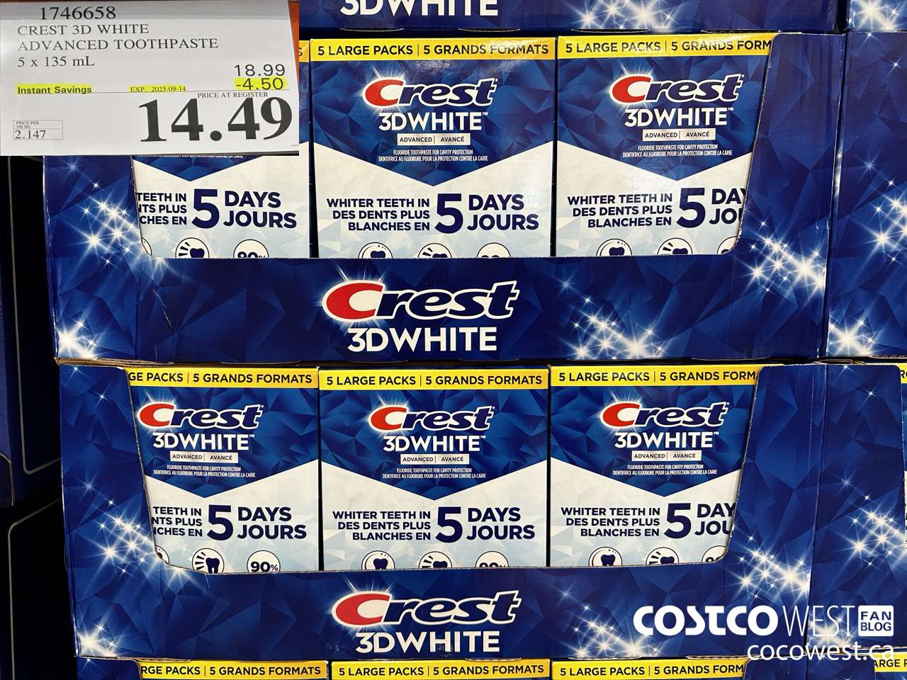 1746658 CREST 3D WHITE ADVANCED TOOTHPASTE 5 X 135ML ($4.50 INSTANT SAVINGS EXPIRES ON 2025-09-14) $14.49