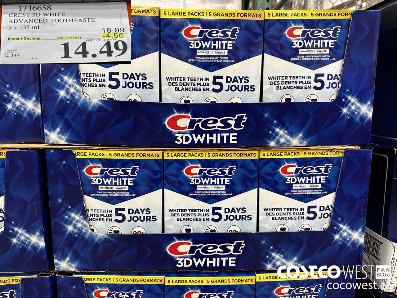 1746658 CREST 3D WHITE ADVANCED TOOTHPASTE 5 X 135ML ($4.50 INSTANT SAVINGS EXPIRES ON 2025-09-14) $14.49