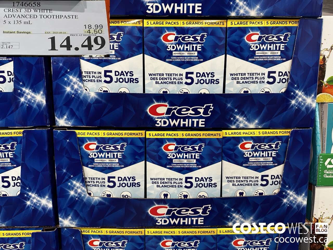 1746658 CREST 3D WHITE ADVANCED TOOTHPASTE 5 X 135ML ($4.50 INSTANT SAVINGS EXPIRES ON 2025-09-14) $14.49