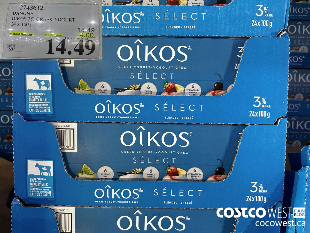 2743612 DANONE OIKOS 3% GREEK YOGURT 24 X 100 G ($4.00 INSTANT SAVINGS EXPIRES ON 2025-09-05) $14.49