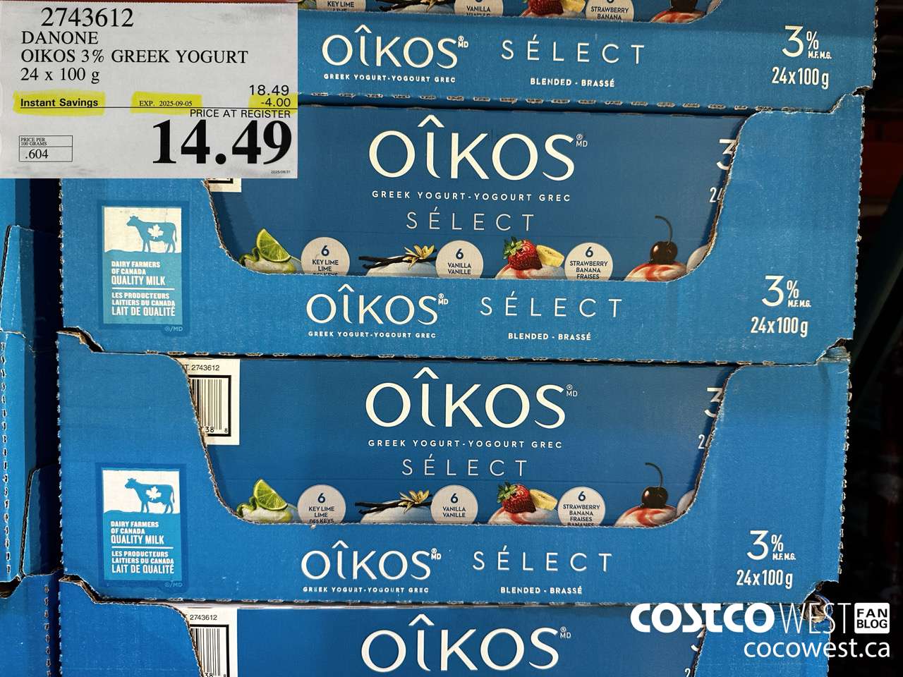 2743612 DANONE OIKOS 3% GREEK YOGURT 24 X 100 G ($4.00 INSTANT SAVINGS EXPIRES ON 2025-09-05) $14.49