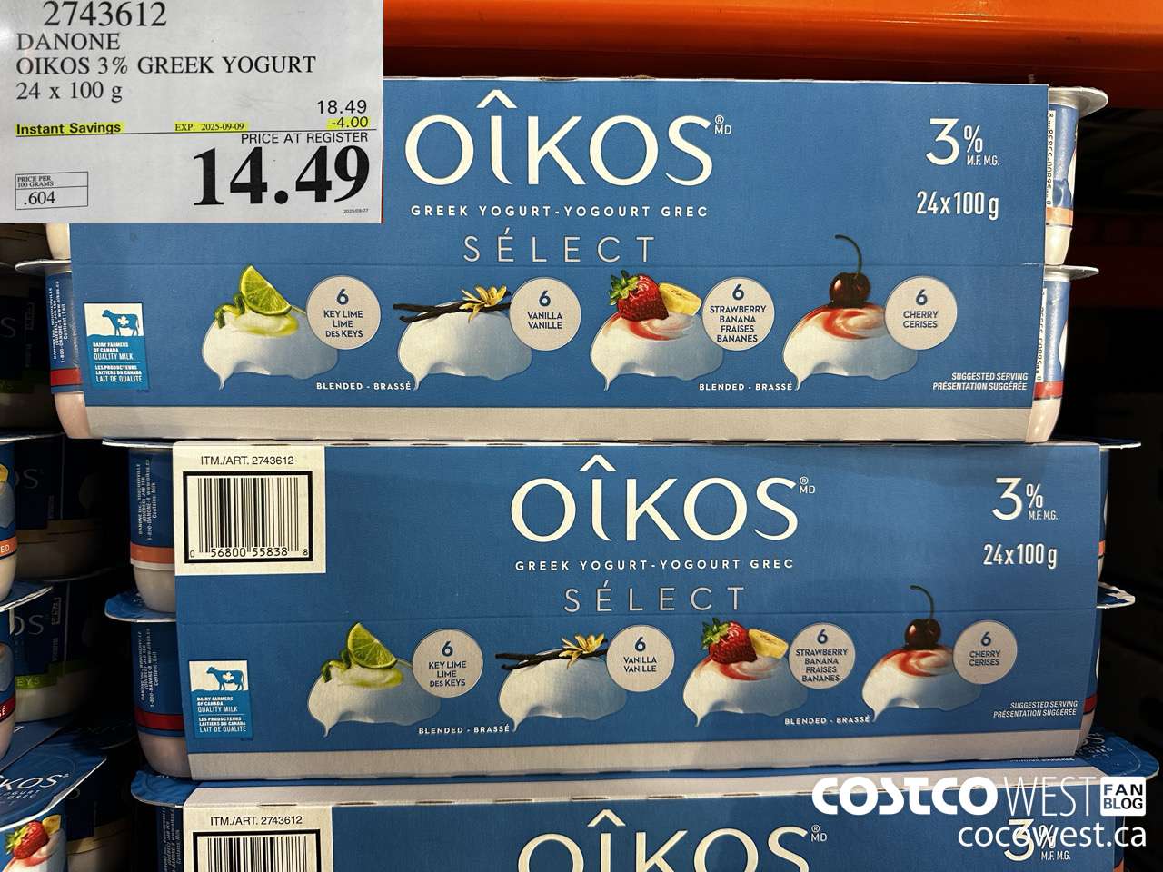 2743612 DANONE OIKOS 3% GREEK YOGURT 24 X 100 G ($4.00 INSTANT SAVINGS EXPIRES ON 2025-09-09) $14.49