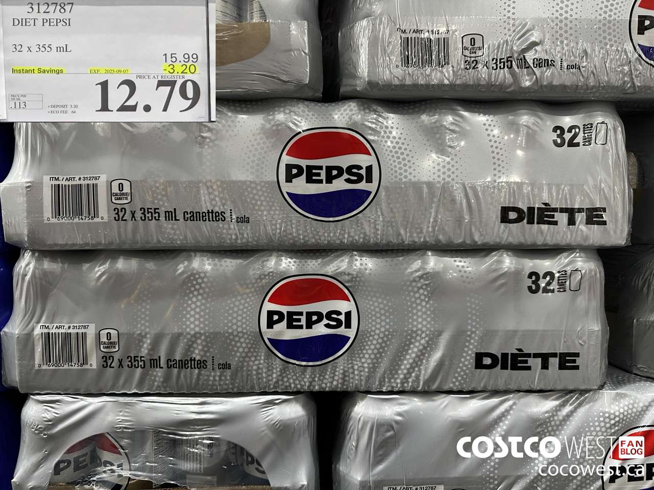 312787 DIET PEPSI 32 X 355 ML ($3.20 INSTANT SAVINGS EXPIRES ON 2025-09-07) $12.79