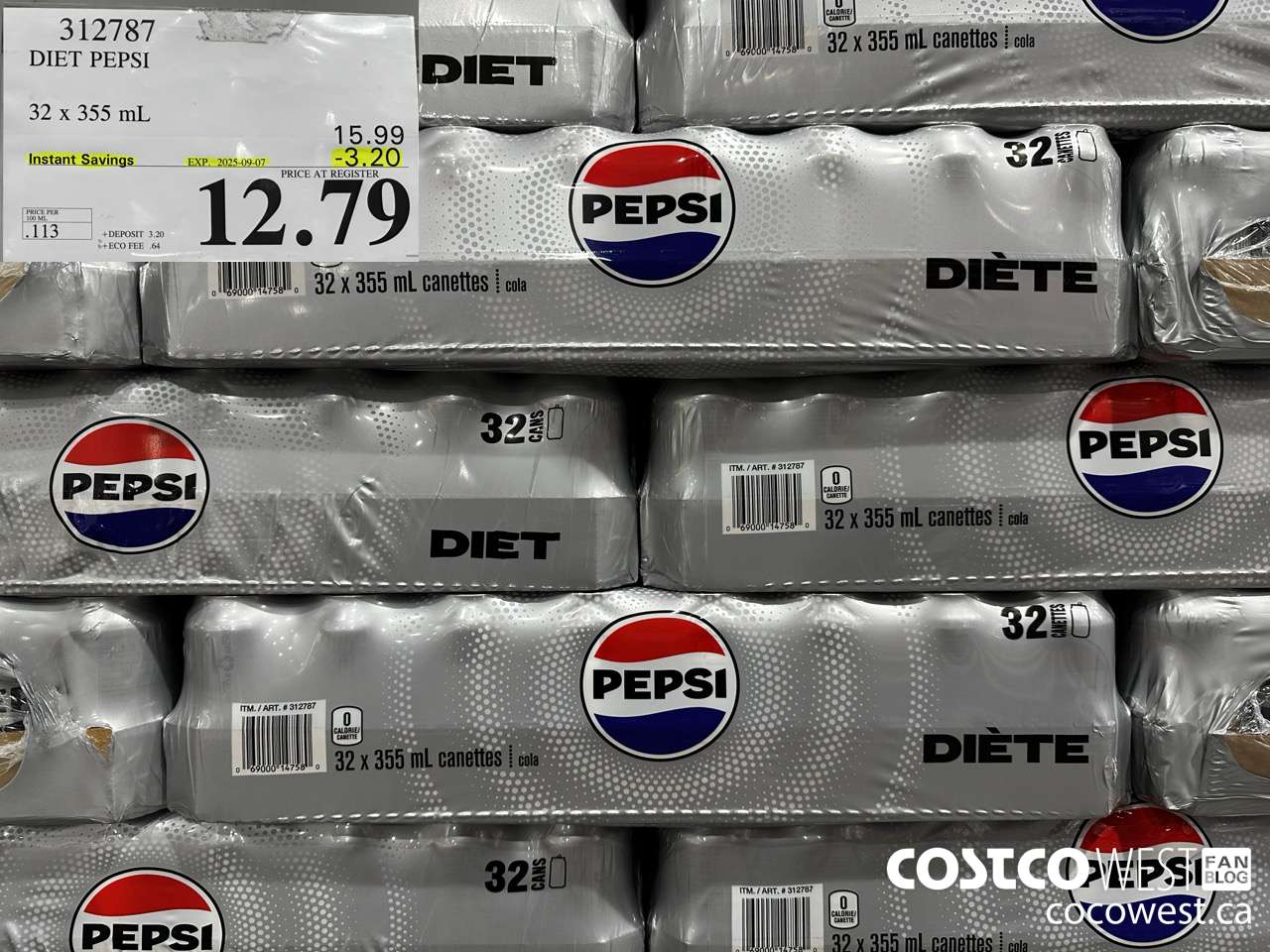 312787 DIET PEPSI 32 X 355 ML ($3.20 INSTANT SAVINGS EXPIRES ON 2025-09-07) $12.79