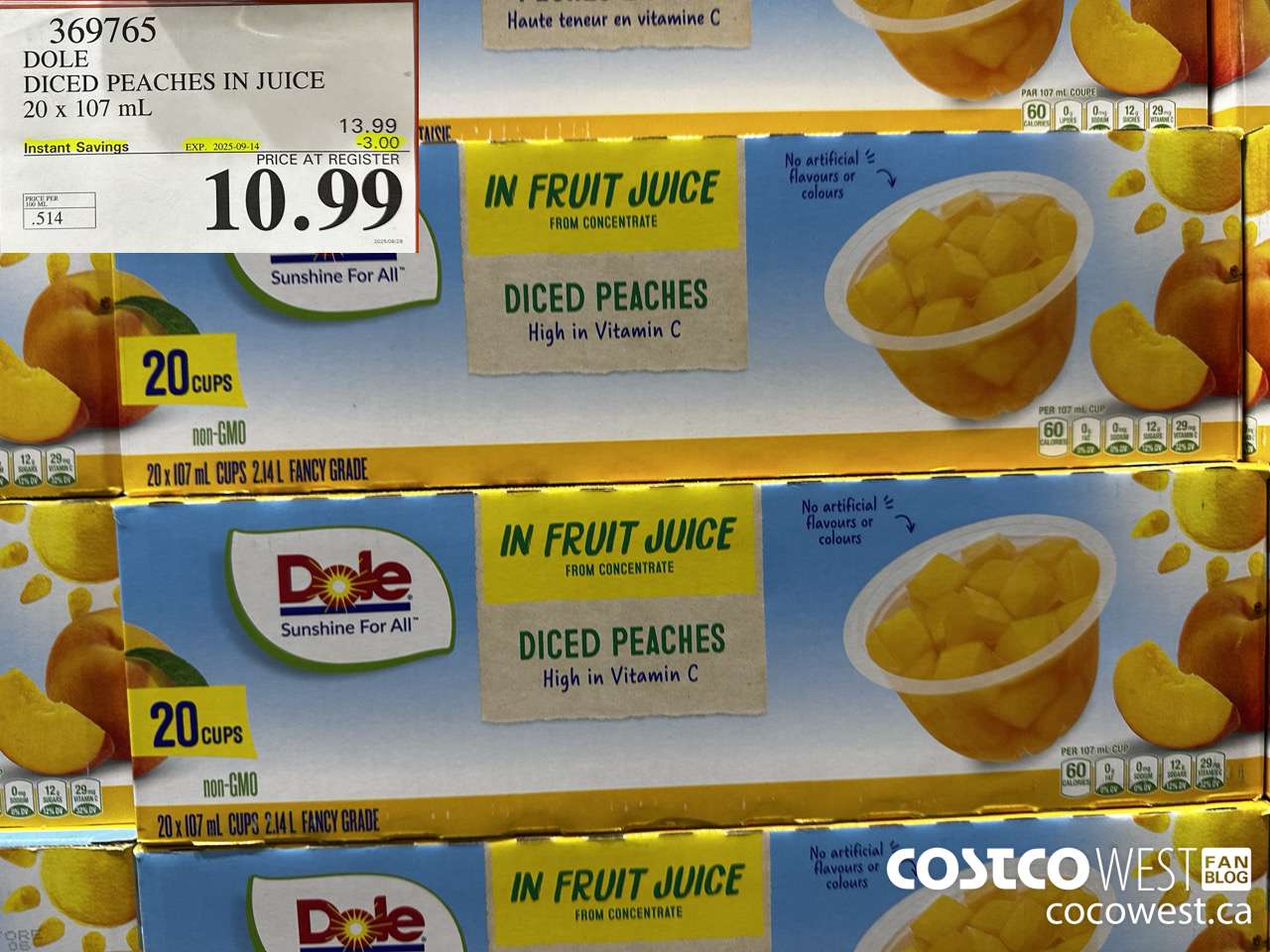 369765 DOLE DICED PEACHES IN JUICE 20 X 107ML ($3.00 INSTANT SAVINGS EXPIRES ON 2025-09-14) $10.99