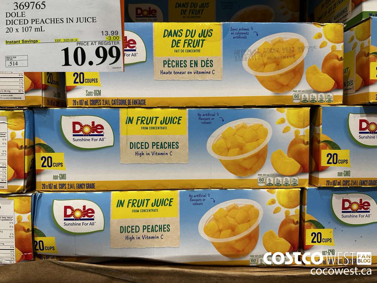 369765 DOLE DICED PEACHES IN JUICE 20 X 107ML ($3.00 INSTANT SAVINGS EXPIRES ON 2025-09-14) $10.99