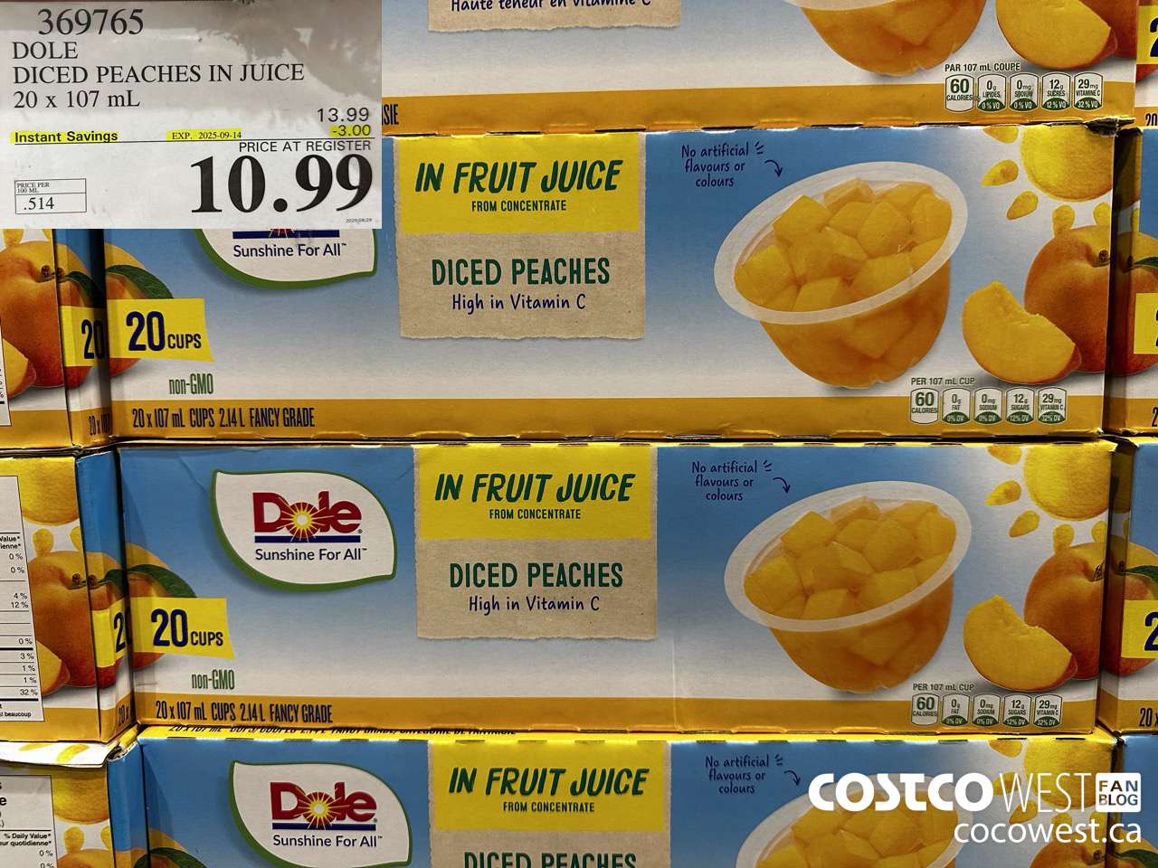 369765 DOLE DICED PEACHES IN JUICE 20 X 107ML ($3.00 INSTANT SAVINGS EXPIRES ON 2025-09-14) $10.99