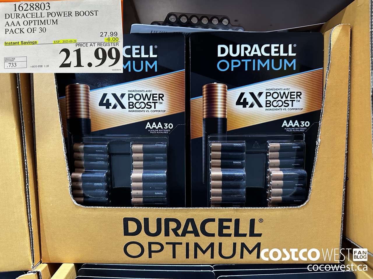 1628803 DURACELL POWER BOOST AAA OPTIMUM PACK OF 30 ($6.00 INSTANT SAVINGS EXPIRES ON 2025-09-28) $21.99