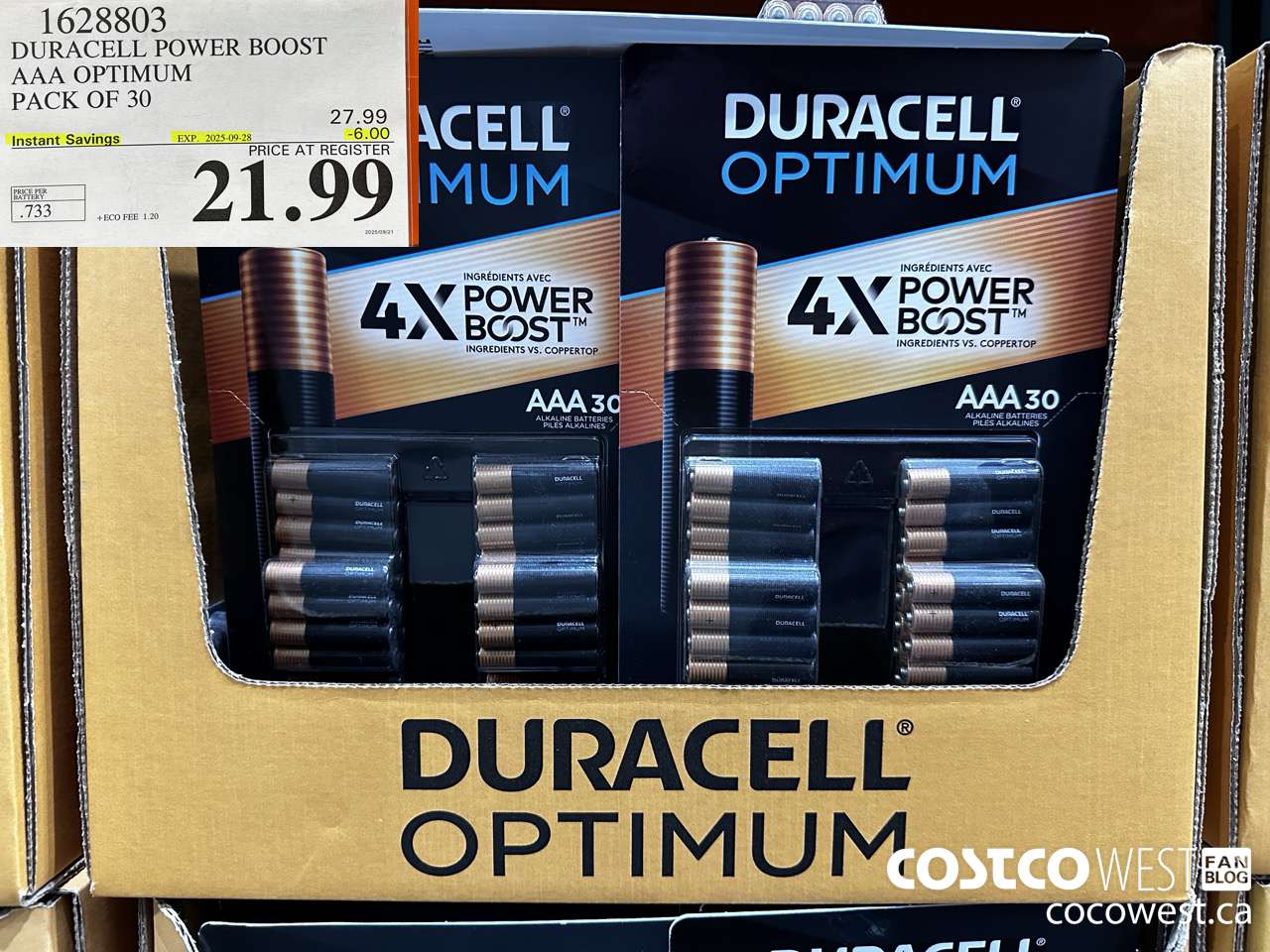 1628803 DURACELL POWER BOOST AAA OPTIMUM PACK OF 30 ($6.00 INSTANT SAVINGS EXPIRES ON 2025-09-28) $21.99