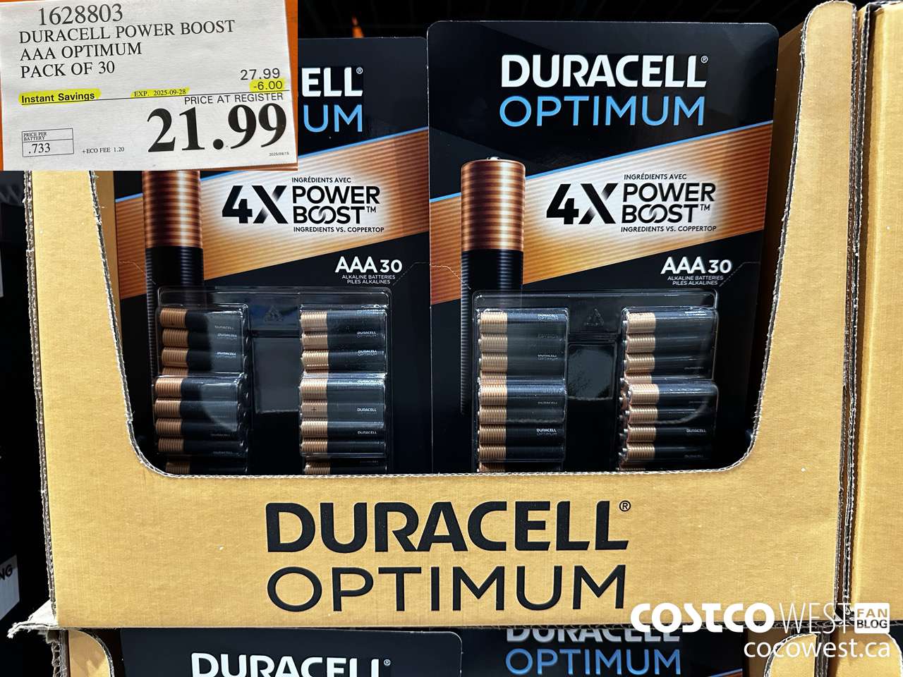 1628803 DURACELL POWER BOOST AAA OPTIMUM PACK OF 30 ($6.00 INSTANT SAVINGS EXPIRES ON 2025-09-28) $21.99
