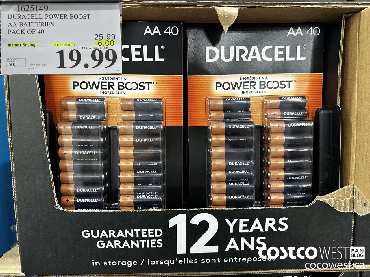 1625149 DURACELL POWER BOOST AA BATTERIES PACK OF 40 ($6.00 INSTANT SAVINGS EXPIRES ON 2025-09-14) $19.99