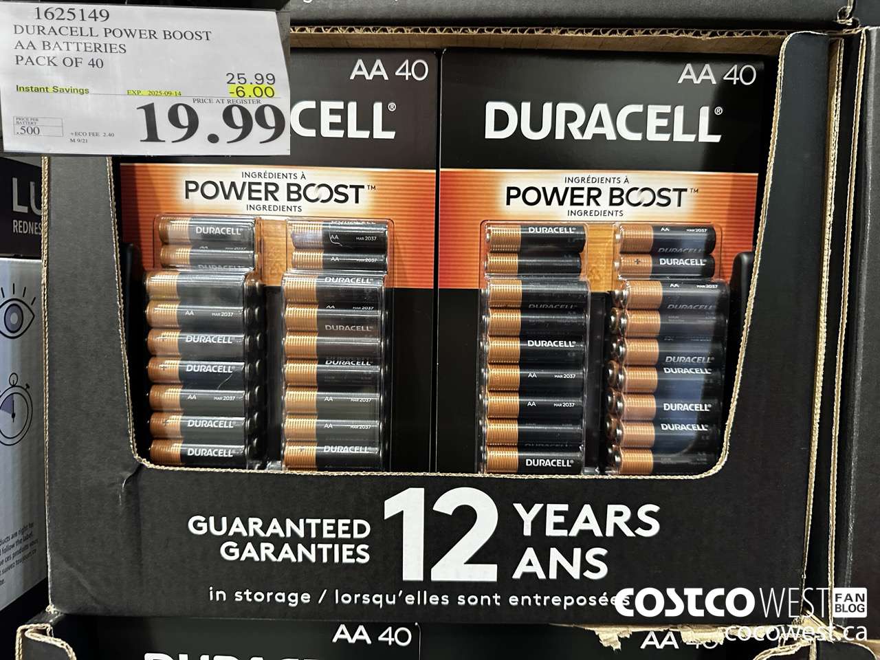 1625149 DURACELL POWER BOOST AA BATTERIES PACK OF 40 ($6.00 INSTANT SAVINGS EXPIRES ON 2025-09-14) $19.99