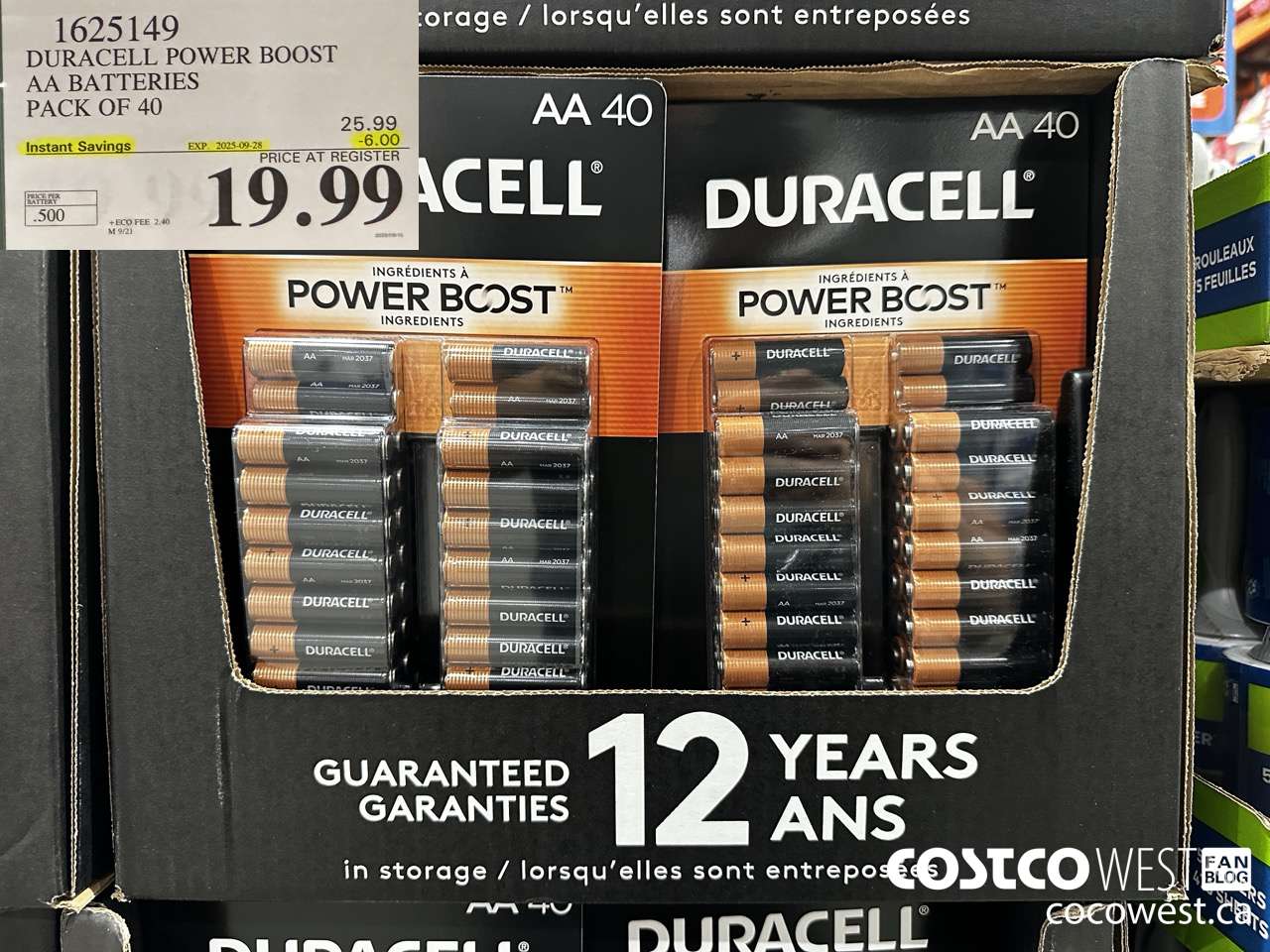 1625149 DURACELL POWER BOOST AA BATTERIES PACK OF 40 ($6.00 INSTANT SAVINGS EXPIRES ON 2025-09-28) $19.99