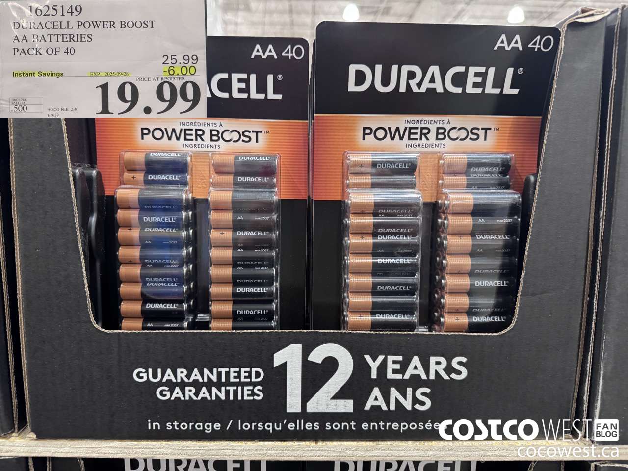 1625149 DURACELL POWER BOOST AA BATTERIES PACK OF 40 ($6.00 INSTANT SAVINGS EXPIRES ON 2025-09-28) $19.99