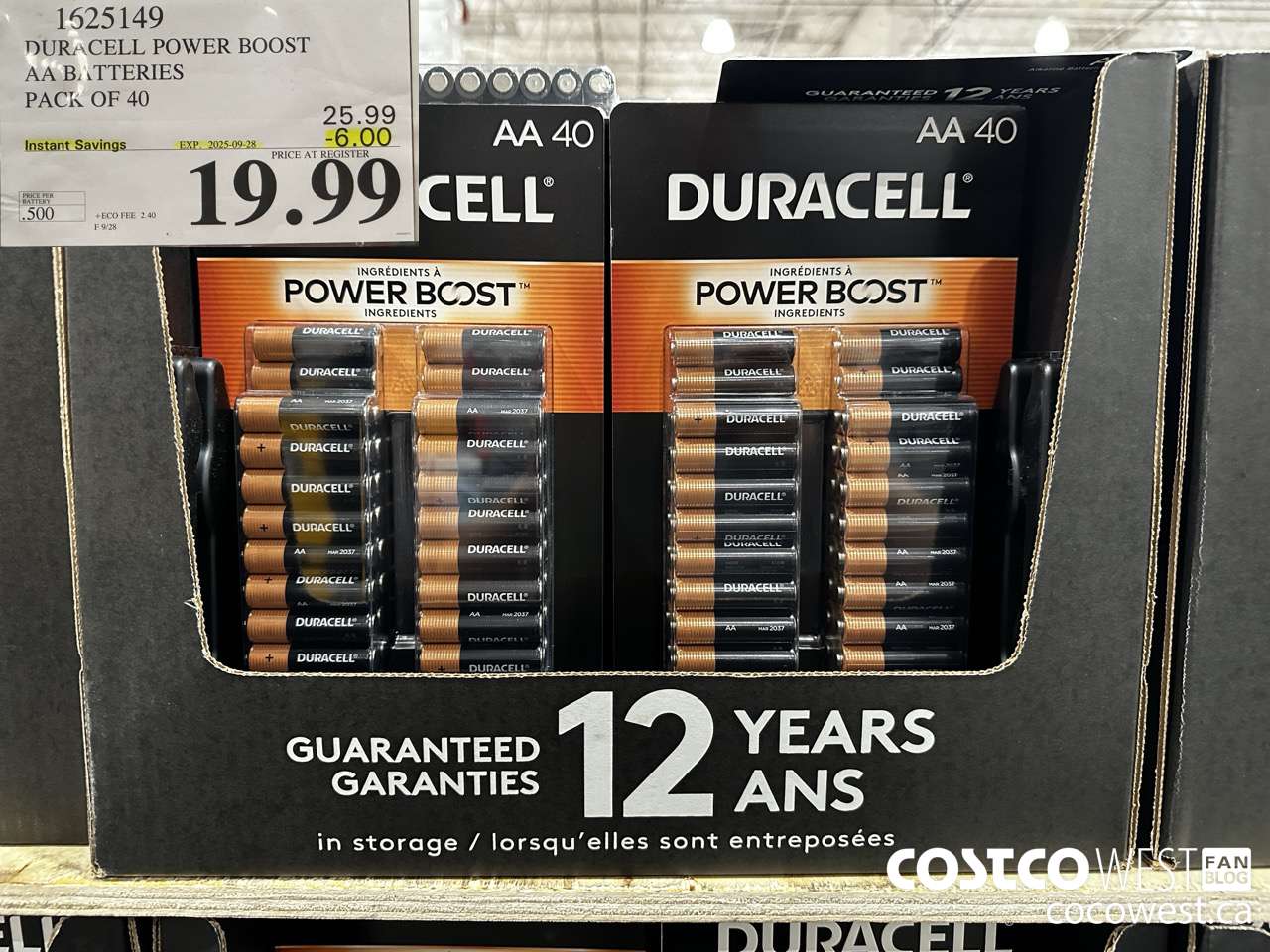 1625149 DURACELL POWER BOOST AA BATTERIES PACK OF 40 ($6.00 INSTANT SAVINGS EXPIRES ON 2025-09-28) $19.99